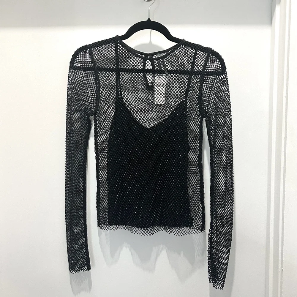 Anthropologie Long-Sleeve Beaded Mesh Top (XXS) - Picture 4 of 6
